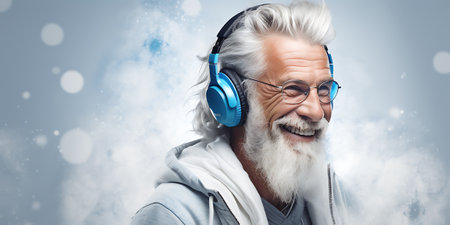 Portrait of a senior man listening to music with headphones on a blue background.の素材