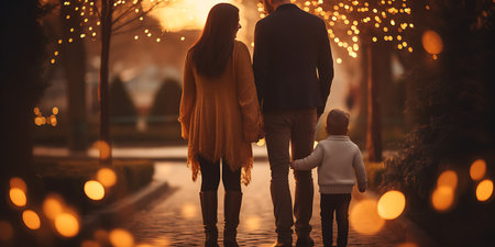 Back view of happy family walking in the city street at night.の素材