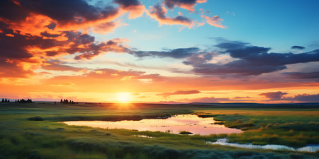 Beautiful sunset over the lake in the field. Landscape.の素材