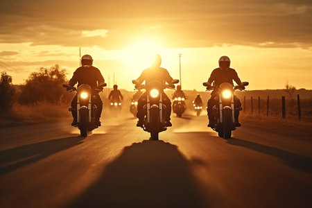 Motorcyclists on the road at sunset. Motorcycle travel concept.の素材
