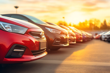 Row of cars in parking lot at sunset. Close up view.の素材