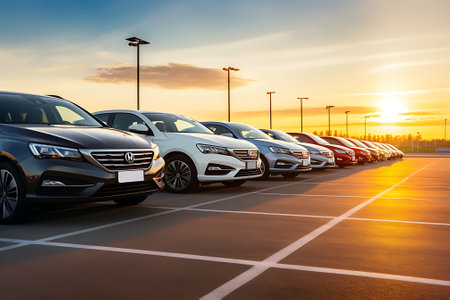 Cars parked in a row on the parking lot at sunset.の素材