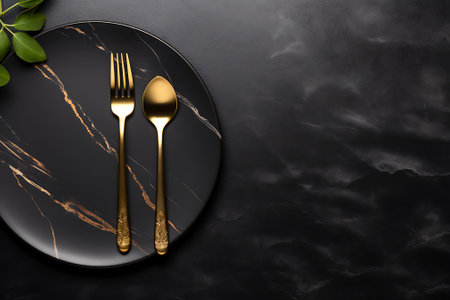Empty black plate with golden cutlery on black marble background.の素材