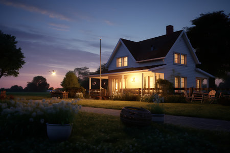 Beautiful house in the countryside at night with a full moon.の素材