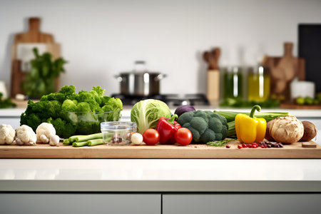Close-up of fresh vegetables on wooden cutting board in modern kitchenの素材