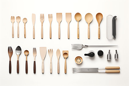 Set of wooden kitchen utensils on white background. Vector illustration.の素材