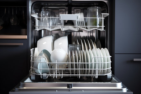 Open dishwasher with clean utensils in it. 3d renderingの素材