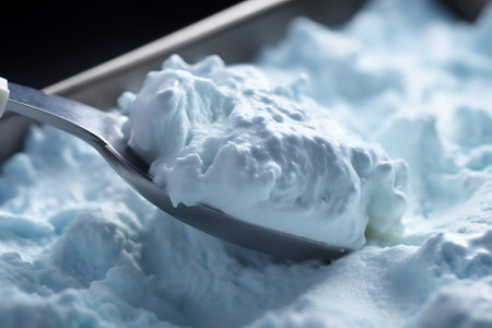 ice cream in a spoon on a dark background, close-upの素材