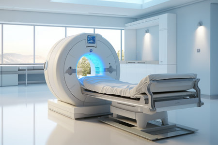 3d rendering of a medical scanner in a room with a beautiful landscapeの素材