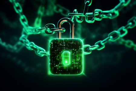 3d rendering of cyber security concept with chain and padlock on dark backgroundの素材