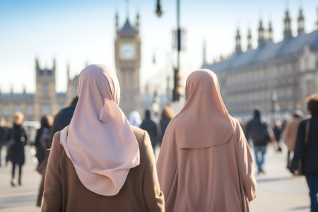 Muslim women wearing niqab in front of Big Ben in Londonの素材