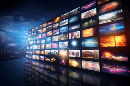 Abstract image of many screens with a night city in the background.の素材