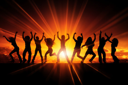 Silhouette of dancing people on sunset background. Concept of party.の素材