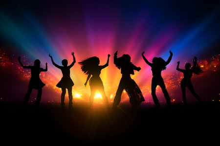 Silhouette of people dancing at night club. Vector background.の素材