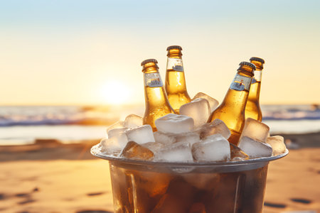 Cold beer with ice cubes in bucket on beach at sunset, closeupの素材