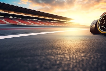 Car tires on the asphalt road at sunset. 3d rendering.の素材