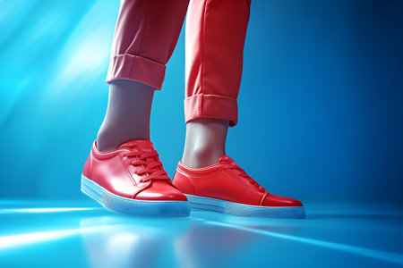 Female legs in red sneakers on a blue background. 3d renderingの素材