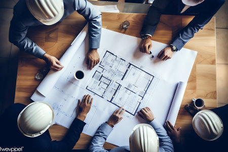 Architects working on blueprint at office. Construction business concept.の素材