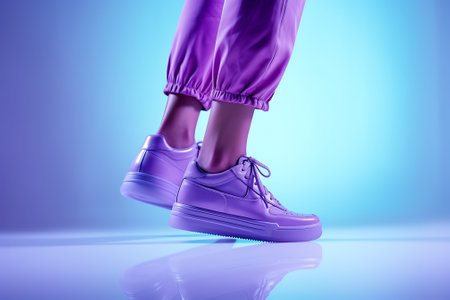 Legs of a woman in purple sneakers on a blue background.の素材