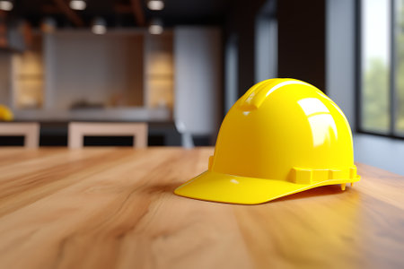 Yellow safety helmet on wooden table in office. 3d rendering.の素材