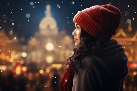 winter, christmas and people concept - smiling young woman in red hat over night city backgroundの素材