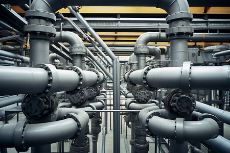 Industrial zone, Steel pipelines and valves in blue tones. Toned.の素材