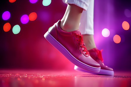 Female legs in pink sneakers on a red background with bokehの素材