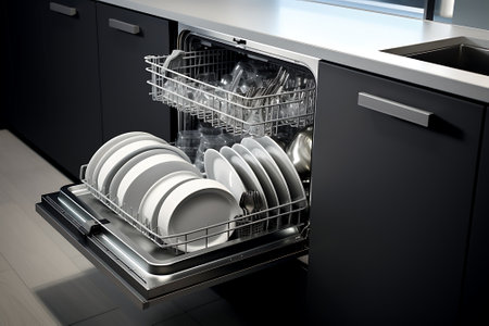 Open dishwasher with clean utensils in it. 3d renderingの素材