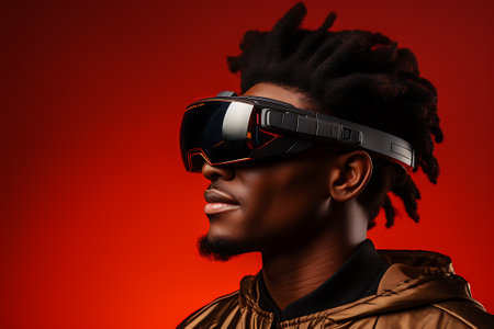 Young african american man wearing virtual reality goggles on red backgroundの素材