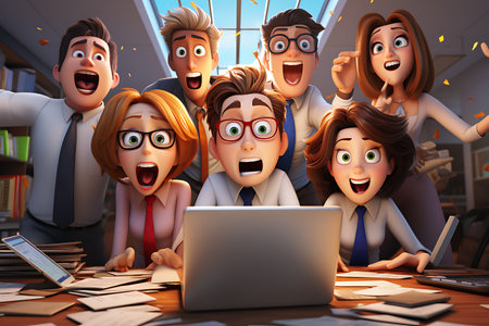 Happy group of business people working in the office. 3D illustration.の素材