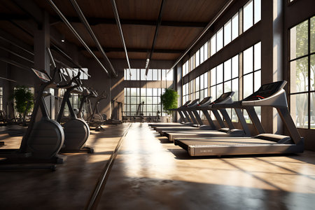 Interior of modern fitness hall with rows of exercise machines. 3d renderingの素材