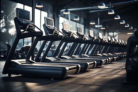 Modern gym interior with rows of treadmills. Toned imageの素材