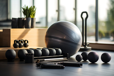fitness equipment on the wooden floor in the gym, sport conceptの素材