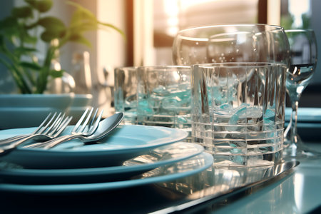 Set of clean dishes and cutlery on table, closeupの素材