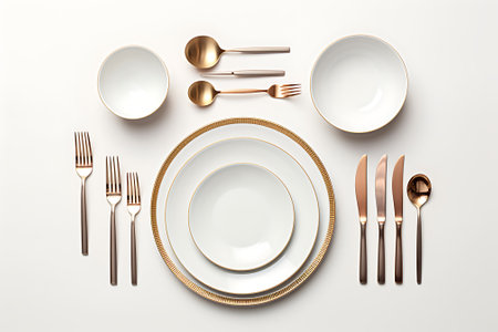 Set of tableware and cutlery on white background, top viewの素材