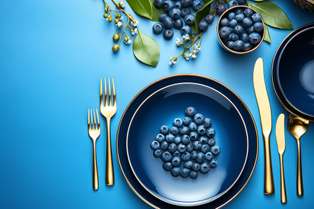 Blueberries on a blue plate with gold cutlery on a blue backgroundの素材