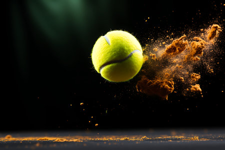 Tennis ball with powder explosion on black background. Sport concept.の素材