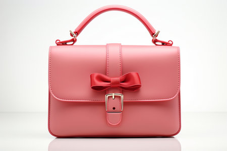 Pink leather clutch with a red bow on a white background. 3d renderingの素材
