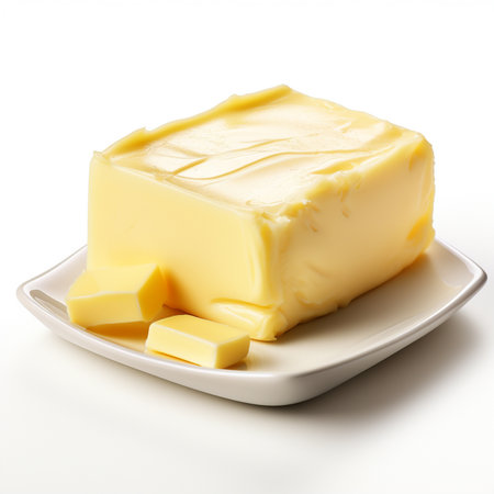 Piece of butter on a plate isolated on a white background.の素材