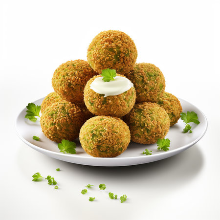 Bowl of falafel balls with parsley on white backgroundの素材