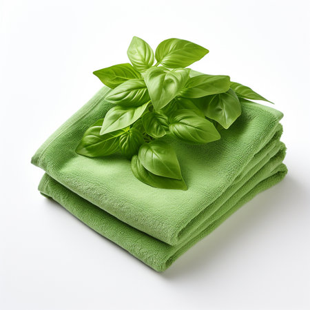 Fresh basil on a stack of green towels isolated on white background.の素材
