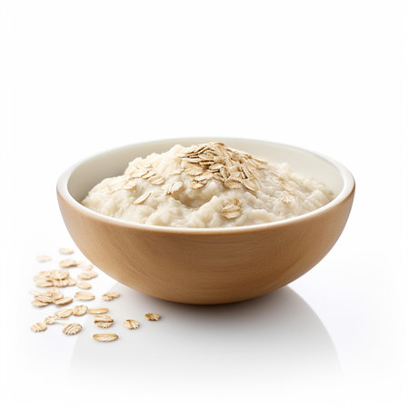 Oatmeal porridge in a wooden bowl isolated on white background.の素材