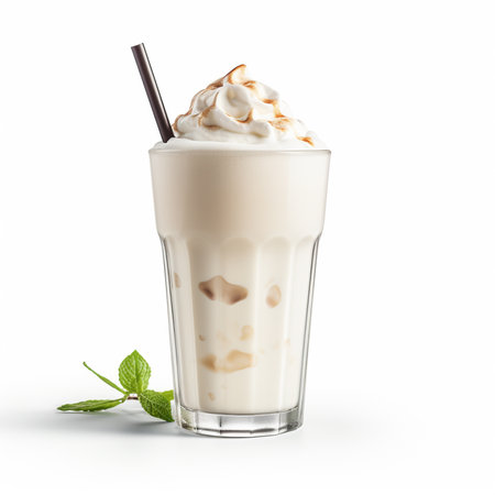 Iced coffee with whipped cream in a glass isolated on white backgroundの素材
