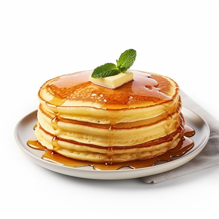 Pancakes with maple syrup and butter on a white background.の素材