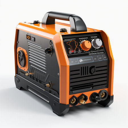 3D rendering of an orange portable generator on a white background.の素材