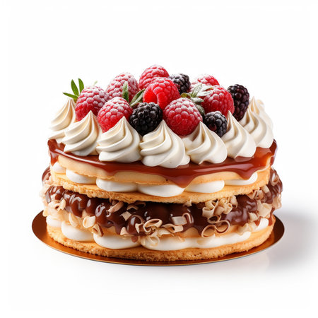 Cake with whipped cream and fresh raspberries and blackberriesの素材