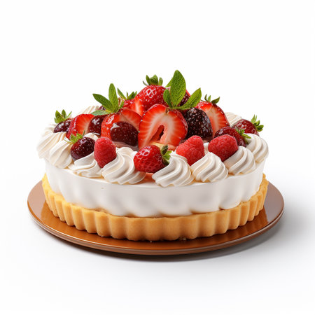 Cheesecake with fresh strawberries and raspberries on a white backgroundの素材