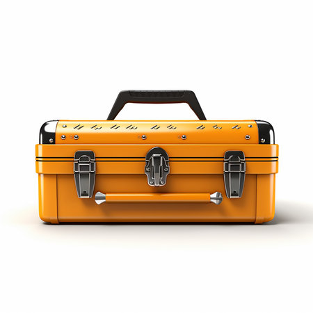Orange suitcase isolated on white background. 3d render image with shadowの素材
