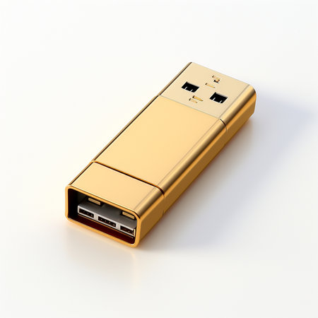 gold usb flash drive isolated on white background. 3d render.の素材