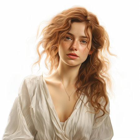 Portrait of a beautiful girl with curly hair on a white backgroundの素材